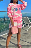 Pink Casual Tie Dye Long Sleeve Round Neck Longline Top Shorts Sets YM8125