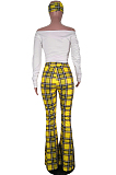 Yellow Casual Polyester Plaid Long Sleeve Tee Top Flare Leg Pants Sets YY5167