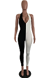 Black And White Sexy Polyester Sleeveless V Neck Spliced Bodycon Jumpsuit RB3075