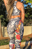 Gray Casual Polyester Sleeveless Round Neck Tank Top Long Pants Sets RB3069