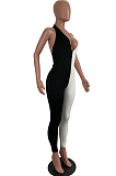 Black And White Sexy Polyester Sleeveless V Neck Spliced Bodycon Jumpsuit RB3075