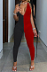 Red And Black Sexy Polyester Sleeveless V Neck Spliced Bodycon Jumpsuit RB3075
