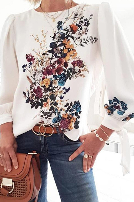 White Casual Polyester Floral Long Sleeve Round Neck Tee Top DMM8130