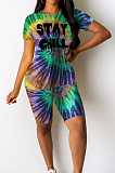 Pink Casual Tie Dye Letter Short Sleeve Round Neck Tee Top Shorts Sets W8281