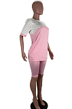 Pink Casual Polyester Short Sleeve Round Neck Tee Top Shorts Sets RB3073