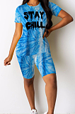 Mulit Casual Tie Dye Letter Short Sleeve Round Neck Tee Top Shorts Sets W8281