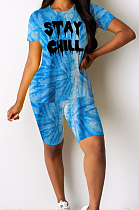 Blue Casual Tie Dye Letter Short Sleeve Round Neck Tee Top Shorts Sets W8281