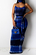 Blue Sexy Polyester Tie Dye Sleeveless Spaghetti Strap  Open Back Waist Tie Mid Waist Slip Dress CCY8517