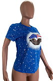 Blue Casual Polyester Mouth Graphic Short Sleeve Round Neck Tee Top RB3065