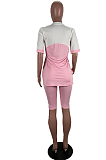 Pink Casual Polyester Short Sleeve Round Neck Tee Top Shorts Sets RB3073