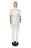 White Casual Polyester Short Sleeve High Neck Bodycon Jumpsuit W8292