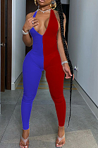 Blue And Red Sexy Polyester Sleeveless V Neck Spliced Bodycon Jumpsuit RB3075