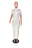 White Casual Polyester Short Sleeve High Neck Bodycon Jumpsuit W8292