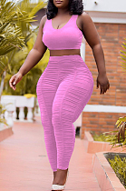 Pink Sporty Polyester Sleeveless Ruffle Tank Top Long Pants Sets DMM8129