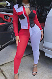 Splice Red Casual Polyester Long Sleeve Buttoned Spliced Utility Blouse Long Pants Sets RB3077