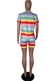 Multicolor Casual Polyester Striped Short Sleeve Round Neck Tee Top Shorts Sets RB3068