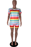 Multicolor Casual Polyester Striped Short Sleeve Round Neck Tee Top Shorts Sets RB3068