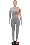 Flower Grey Sexy Polyester Long Sleeve Bodycon Jumpsuit YF8509