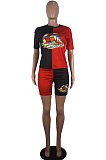 Black Red Casual Polyester Short Sleeve Round Neck Tee Top Shorts Sets SDD9263