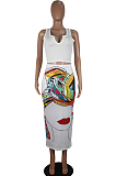 White Casual Polyester Figure Graphic Sleeveless Tank Top Midi Skirt Sets SDD9290