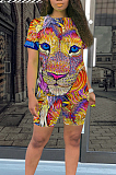 Blue Purple Casual Polyester Animal Graphic Short Sleeve Round Neck Tee Top Shorts Sets QQM4063