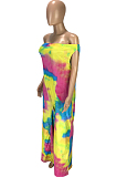 Red Casual Polyester Tie Dye Off Shoulder Tube Jumpsuit SM9098