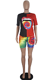 Black Red Casual Polyester Mouth Graphic Short Sleeve Round Neck Tee Top Shorts Sets SDD9253