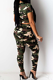 Casual Polyester Camo Short Sleeve Round Neck Ripped Tee Top Long Pants Sets K2004
