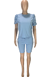 Blue Casual Short Sleeve Round Neck Ruffle Tee Top Shorts Sets SM9096