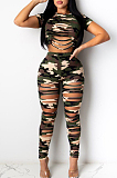 Casual Polyester Camo Short Sleeve Round Neck Ripped Tee Top Long Pants Sets K2004
