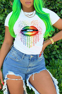 White Casual Polyester Mouth Graphic Short Sleeve Round Neck Tee Top SDD9274