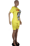 Yellow Casual Polyester Short Sleeve Round Neck Tee Top Shorts Sets SDD9270