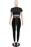 Black Casual Polyester Short Sleeve Self Belted Flutter Sleeve Tee Top Long Pants Sets CCY8521