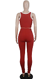 Red Casual Polyester Sleeveless Square Neck Tank Top Long Pants Sets SDD9273