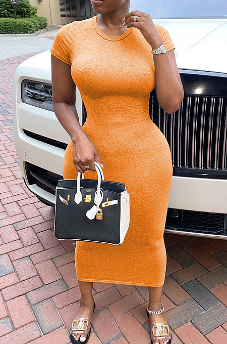 Orange Casual Polyester Short Sleeve Round Neck Mid Waist Long Dress SDD9289