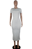 Gray Casual Polyester Short Sleeve Round Neck Mid Waist Long Dress SDD9289
