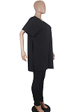 Black Casual Polyester Short Sleeve V Neck Split Hem Tee Top Long Pants Sets SDD9292