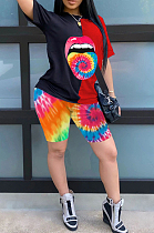 Black Red Casual Polyester Mouth Graphic Short Sleeve Round Neck Tee Top Shorts Sets SDD9253
