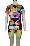 Yellow Green Casual Polyester Animal Graphic Short Sleeve Round Neck Tee Top Shorts Sets QQM4063