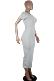 Gray Casual Polyester Short Sleeve Round Neck Mid Waist Long Dress SDD9289