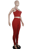 Red Casual Polyester Sleeveless Square Neck Tank Top Long Pants Sets SDD9273