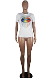 White Casual Polyester Mouth Graphic Short Sleeve Round Neck Tee Top SDD9274