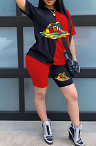 Black Red Casual Polyester Short Sleeve Round Neck Tee Top Shorts Sets SDD9263