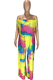 Red Casual Polyester Tie Dye Off Shoulder Tube Jumpsuit SM9098