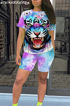 Blue Purple Casual Polyester Animal Graphic Short Sleeve Round Neck Tee Top Shorts Sets QQM4063