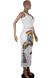 White Casual Polyester Figure Graphic Sleeveless Tank Top Midi Skirt Sets SDD9290