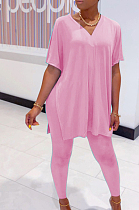 Pink Casual Polyester Short Sleeve V Neck Split Hem Tee Top Long Pants Sets SDD9292