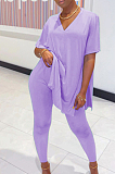 Pink Casual Polyester Short Sleeve V Neck Split Hem Tee Top Long Pants Sets SDD9292