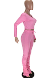 Pink Casual Polyester Long Sleeve Ruffle Tee Top Long Pants Sets LMM8166