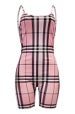 Blue Casual Polyester Plaid Sleeveless Strappy Bodycon Jumpsuit ALS024